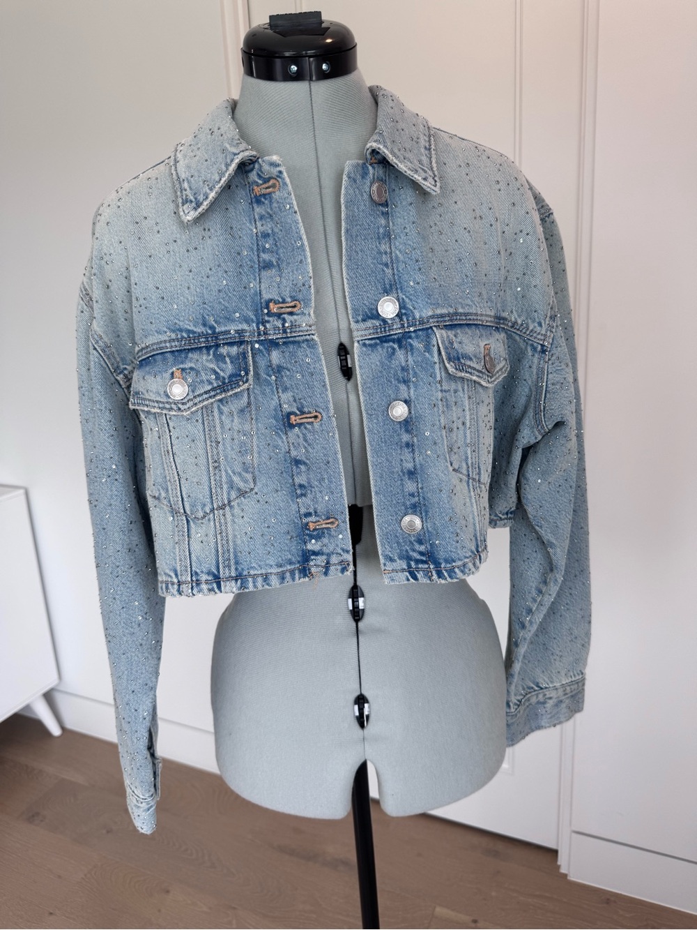 Zara Cropped Light Blue crystal Studded Denim Jacket
